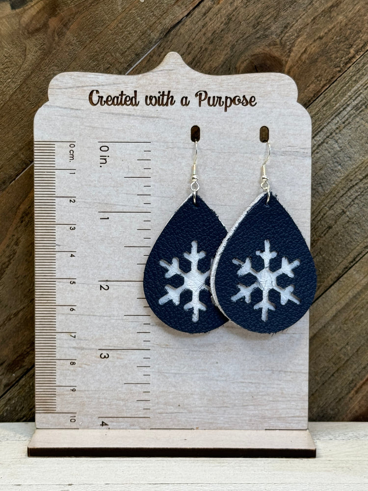 Navy and White Snowflake Earrings
