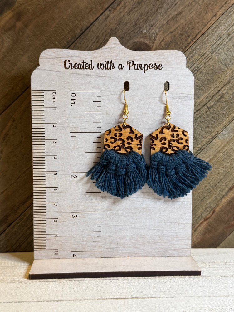 Blue Leopard Hexagon Macrame Earrings