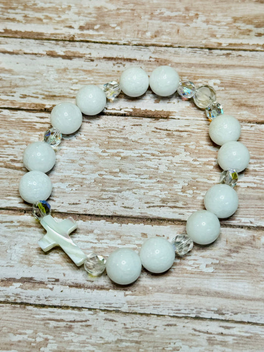 Large White and Glass Cross Bracelet