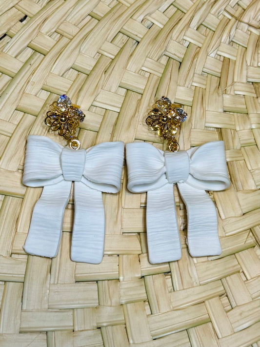 Textured White Bow with Rhinestone Top Earrings