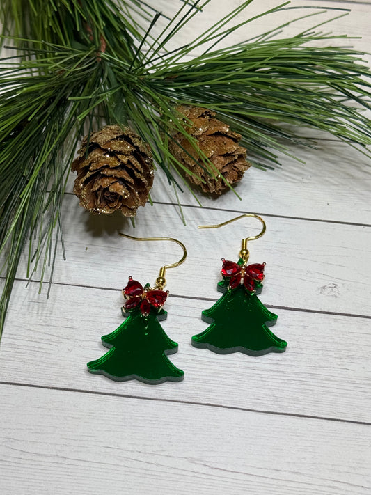 Mirror Green Acrylic Tree with Red Sparkle Bow