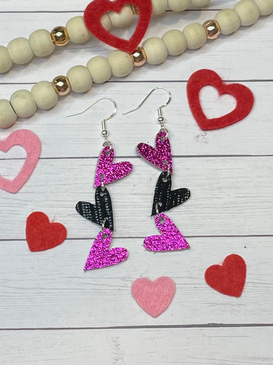 Hot Pink and Black Triple Heart Earrings