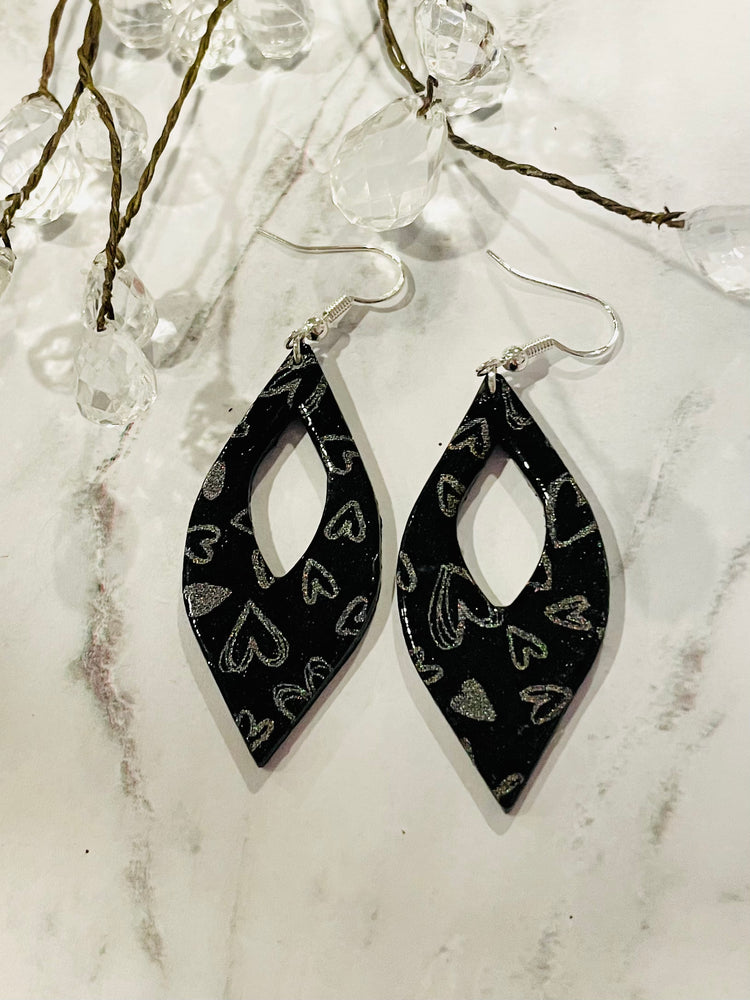 Black with Holographic Silver Heart Earrings
