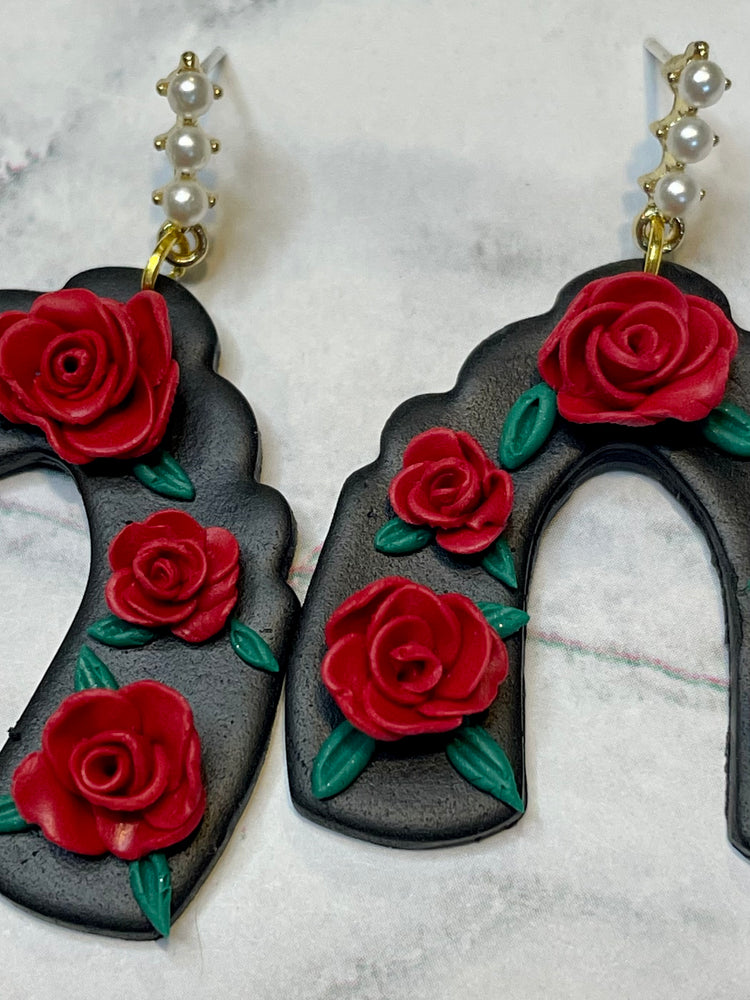 Black Arch With Rose Polymer Clay Flower Earrings