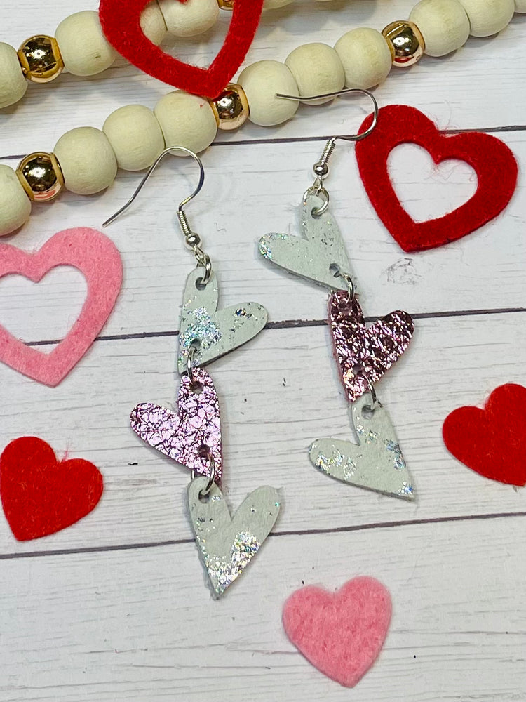 White and Pink Triple Heart Earrings