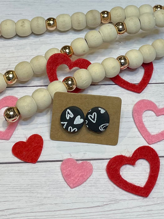Black With White Heart Polymer Clay Studs