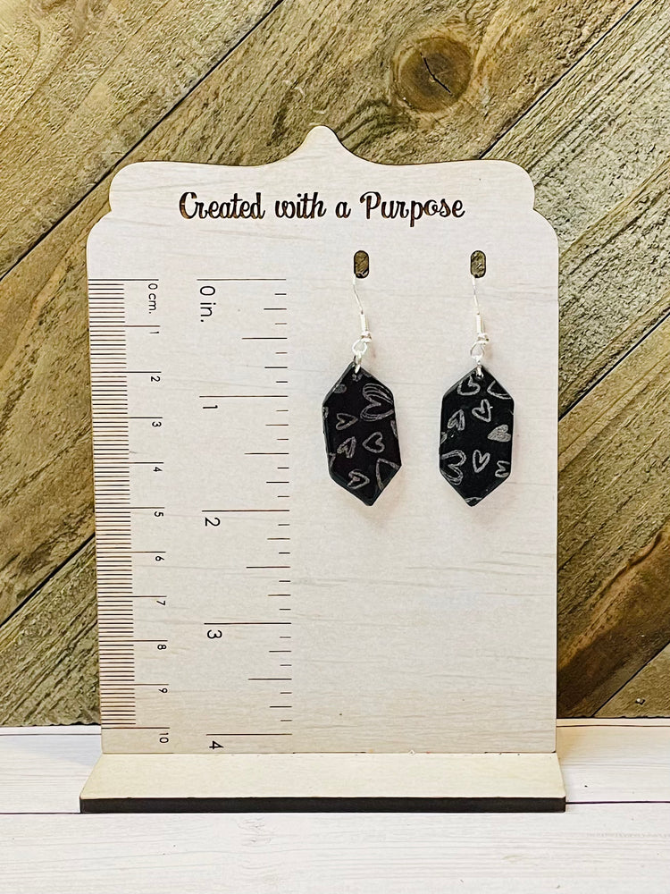 Black with Holographic Silver Hearts Polymer Clay Earrings