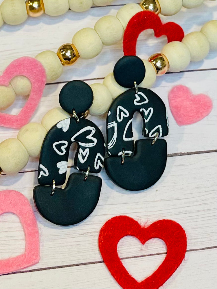 Black with White Heart Polymer Clay Earrings